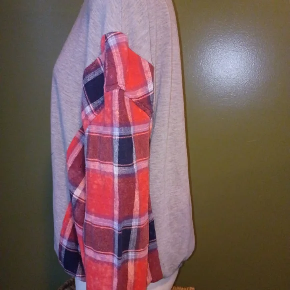 Disney Gray Sweatshirt with Red Plaid Sleeves and Mickey Graphic - Picture 3 of 5